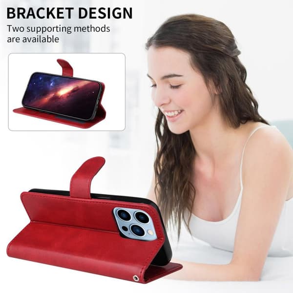 iPhone 18 Pro / iPhone 17 Pro Skal Läderfodral - Klassisk Kalvskinnstextur Röd