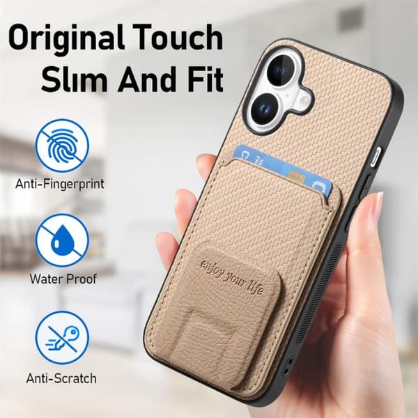iPhone 17 Skal - Kolfiber med Kortficka och Fällbart Ställ Kaki