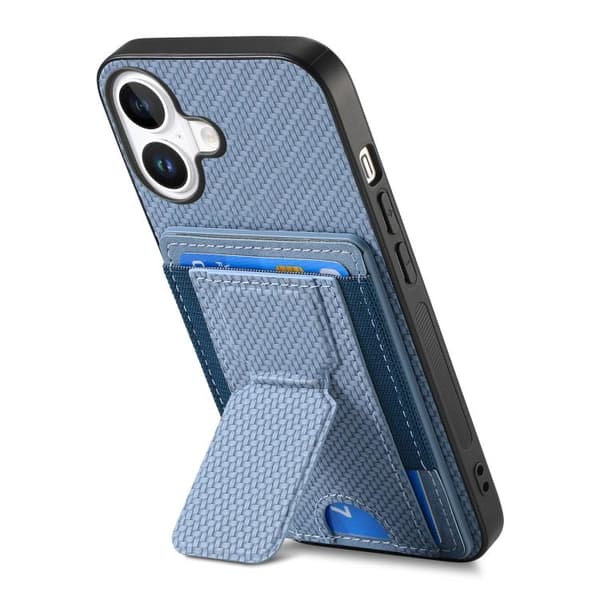 iPhone 17 Skal - Kolfiber med Fällbart Ställ och Elastisk Kortficka Blå
