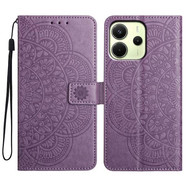 Redmi Note 14 4G - Blommig Prägad Läderfodral Purpur