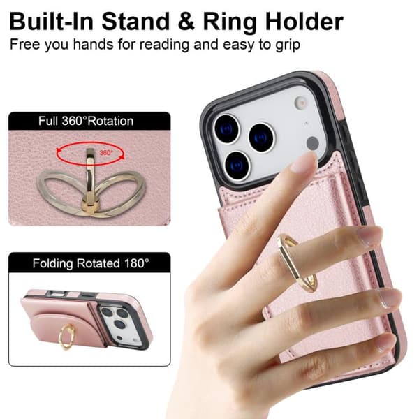 iPhone 18 Pro Max / iPhone 17 Pro Max Skal med Ringhållare och Kortficka, Skinnkänsla Roséguld