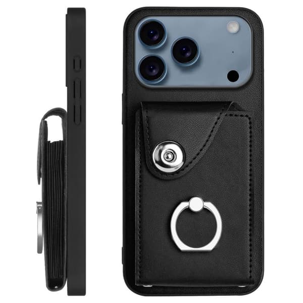 iPhone 18 Pro Max / iPhone 17 Pro Max Skal med Organ Card Bag och Ringhållare samt Lång Lanyard Svart
