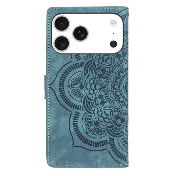 iPhone 18 Pro Max / iPhone 17 Pro Max Skal Läderfodral med Mandala Prägling - Retro Frostad Design Blå
