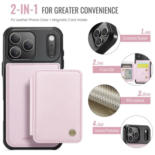 iPhone 18 Pro Max / iPhone 17 Pro Max Skal läderfodral JEEHOOD Business Magnetisk Stil RFID Rosa