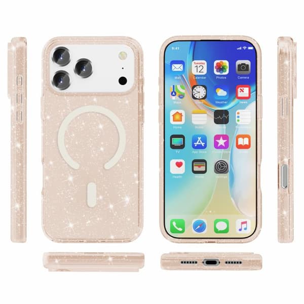iPhone 17 Pro Max Skal - Terminator Stil med Glittrande Pulver och MagSafe Magnet Guld