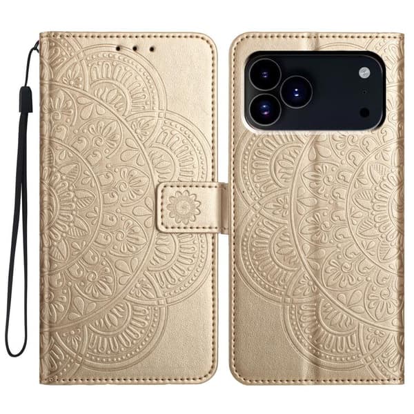 iPhone 17 Pro Skal Läderfodral med Blomsterprägling Guld