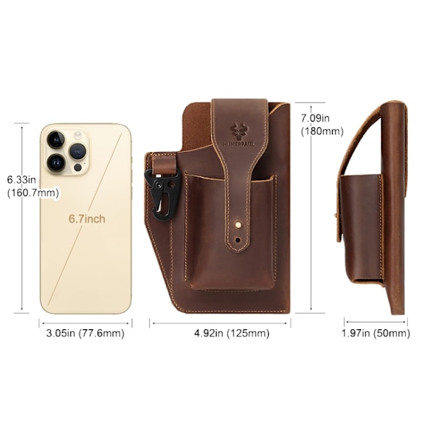 HUMERPAUL Retro Nyckelring Bär Bälte Läder Mobiltelefon Väska Män Midjeväska Kaffe