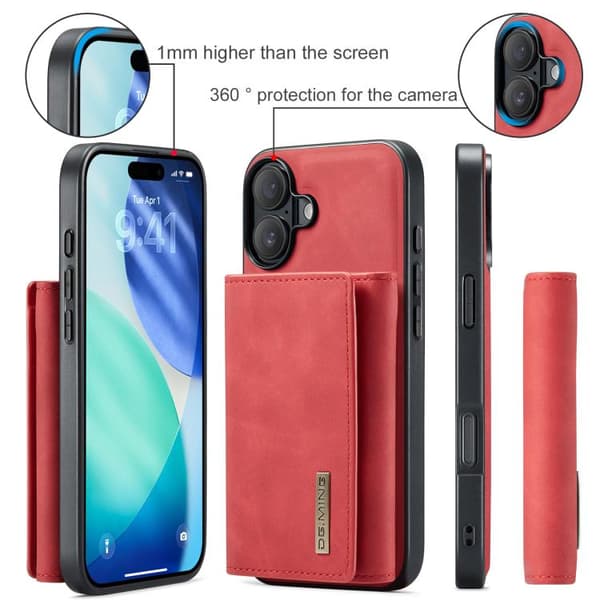 iPhone 17 Skal läderfodral DG.MING M1 Series 3-Fold Multi Card Wallet Röd