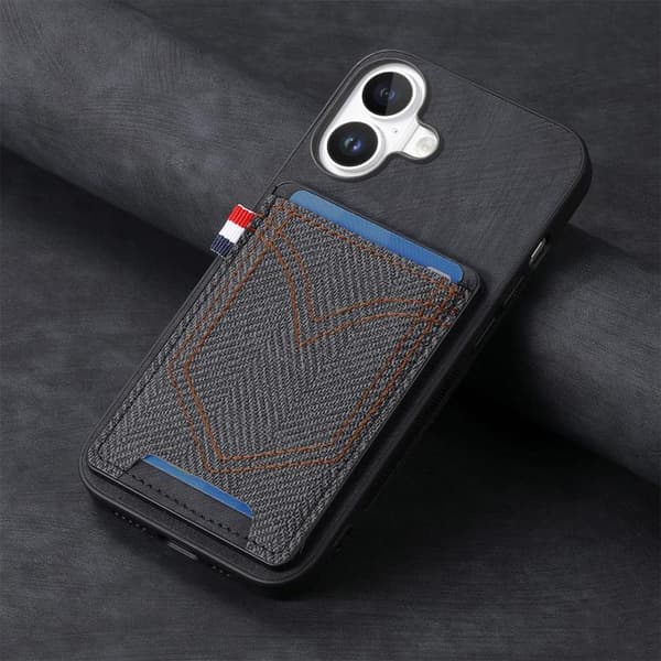 iPhone 17 Skal - Denim Textur med Kortfack Svart