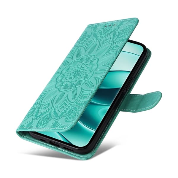 Redmi Note 14 Pro 5G / Note 14 Pro+ 5G - Prägad Solros Läderfodral Grön