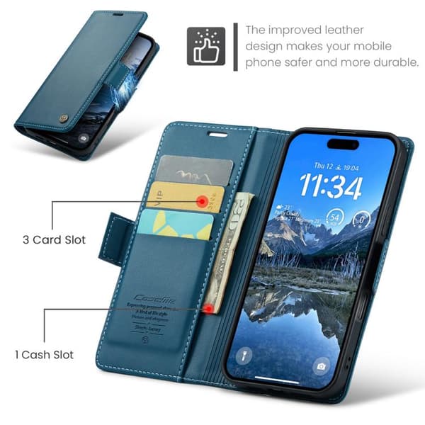 iPhone 18 Pro / iPhone 17 Pro Skal läderfodral med fjärilsbuckle, litchi-textur och RFID-säkerhet Blå