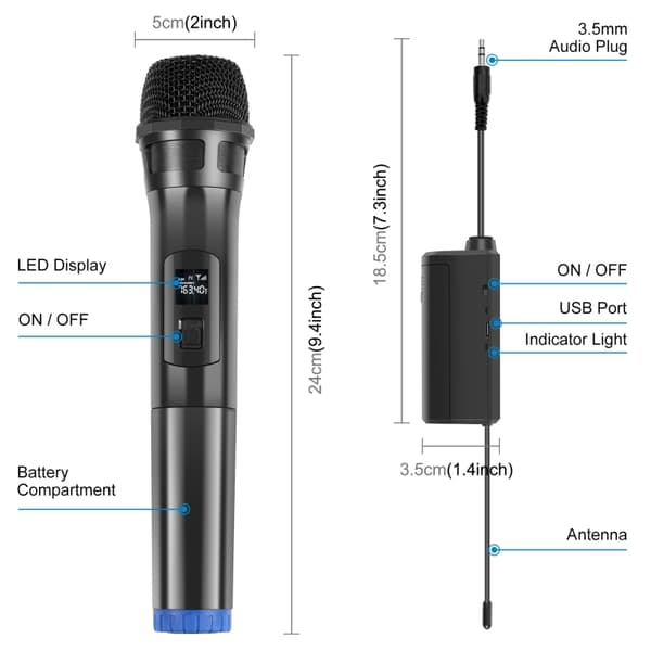 1 till 2 UHF trådlösa dynamiska mikrofoner med LED-display, 3,5 mm sändare