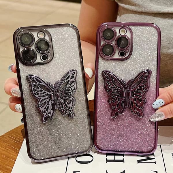 iPhone 16 Pro Max Skal med Elektropläterad Gradient Glittrande 3D Fjäril TPU Gradient Silver