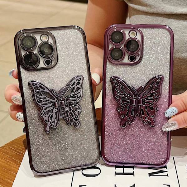 iPhone 16 Pro Max Skal med Elektropläterad Gradient Glittrande 3D Fjäril TPU Gradientblå