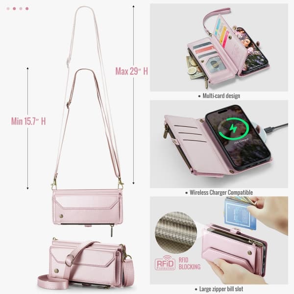 iPhone 16 Pro Skal CaseMe C36 med Kortfack, Dragkedja, RFID-Säkerhet, Läderfodral Rosa