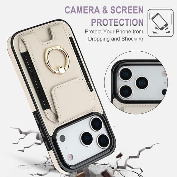 iPhone 17 Pro Skal med Elastisk Kortficka och Ringhållare Vit