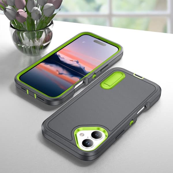 iPhone 17 Skal - robust PC + silikonfodral med hållare Grå + Friskgrön