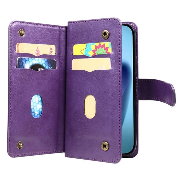 iPhone 17 Air Skal läderfodral med multifunktion och 10 kortfack Violett