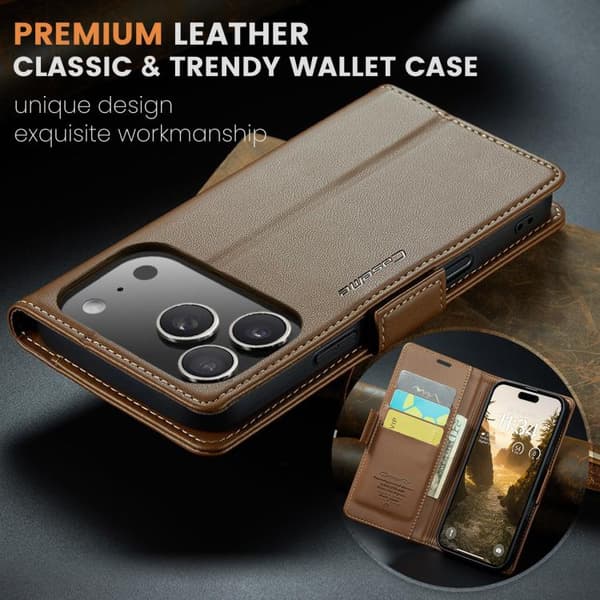 iPhone 18 Pro Max / iPhone 17 Pro Max Skal läderfodral med fjärilsbuckle, litchi-textur och RFID-skydd Brun