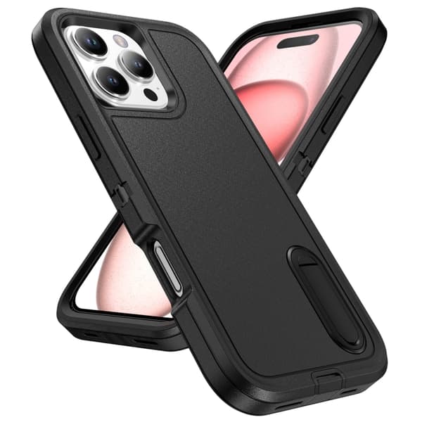 iPhone 16 Pro Max Rugged Skal PC + Silikon med Hållare Svart