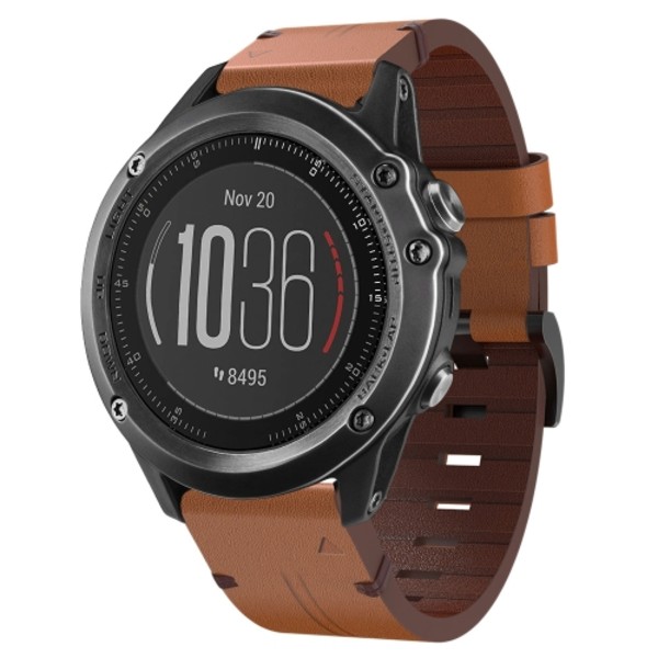 För Garmin Fenix ​​3 HR 26mm läder stålspänne watch Brown