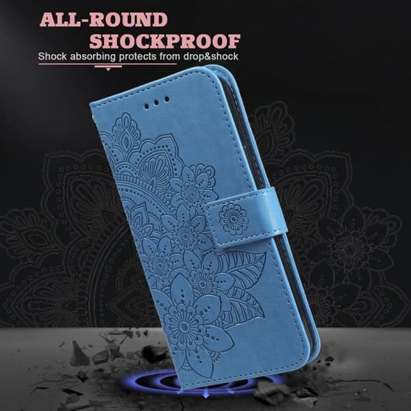 iPhone 17 Skal läderfodral med sju-blommor präglad design Blå