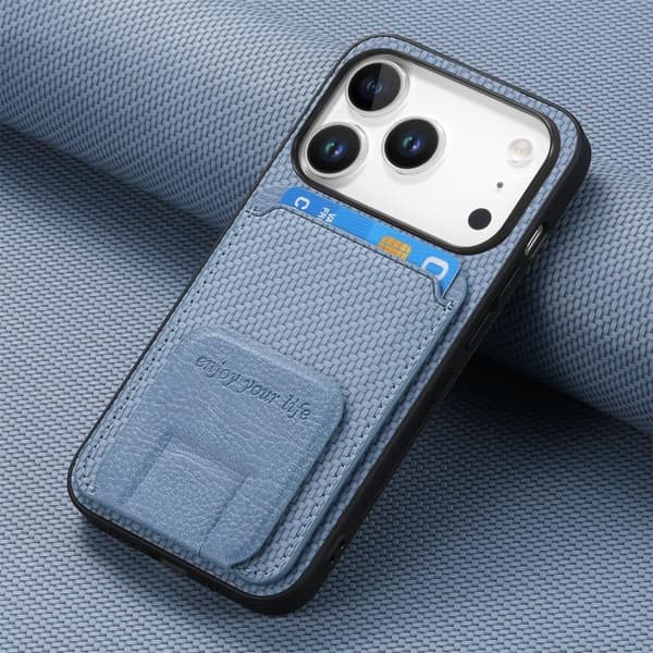 iPhone 18 Pro / iPhone 17 Pro Skal - Kolfiber med Kortficka och Fällbart Ställ Blå