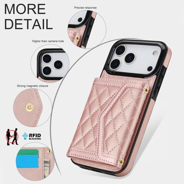 iPhone 18 Pro / iPhone 17 Pro Skal med Spaltad Rhombisk Textur och Lång Rem Roséguld