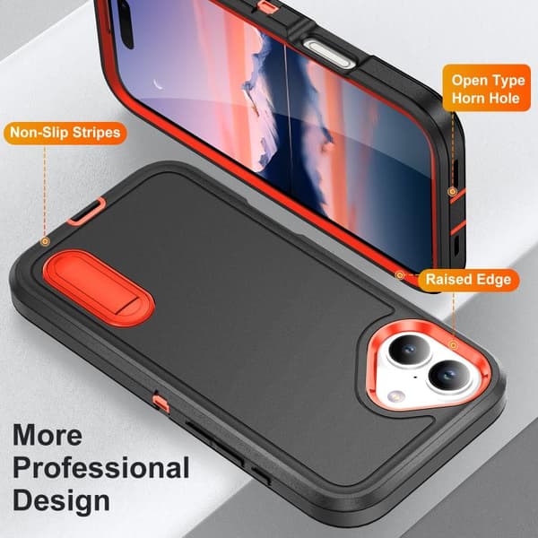 iPhone 17 Skal - robust PC + silikonfodral med hållare Svart + Orange