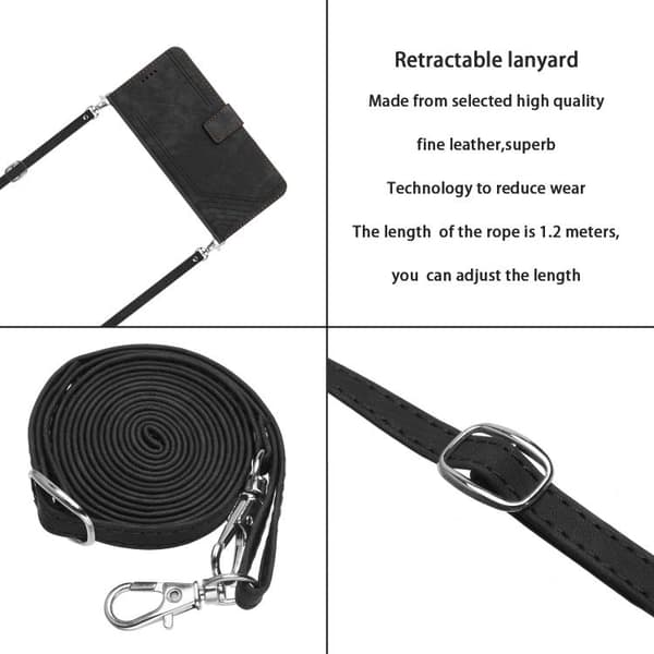iPhone 18 Pro Max / iPhone 17 Pro Max Skal läderfodral med randigt mönster och lanyard Svart