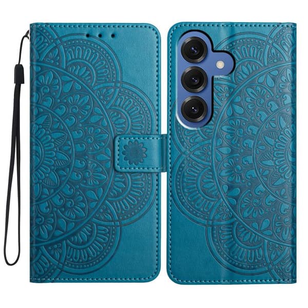Samsung Galaxy S26 5G Skal med Blomsterprägling - Läderfodral Blå