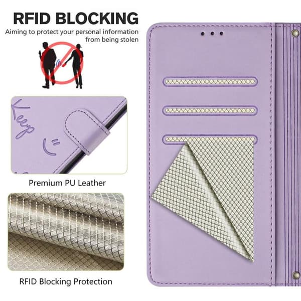 iPhone 17 Pro Max Skal läderfodral med Smile Embossing och RFID Ljuslila