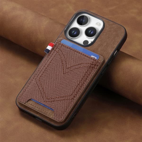 iPhone 16 Pro Denim Textur Fodral med Kortfack - Skal Läder Brun
