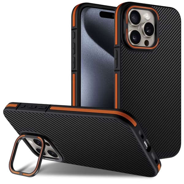 iPhone 16 Pro Max Skal med Kolfibertextur och Linshållare Orange