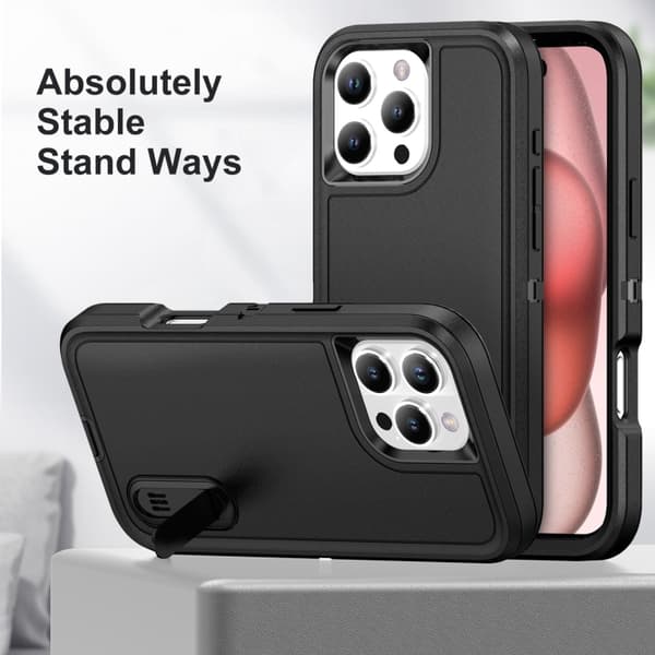 iPhone 16 Pro Max Rugged Skal PC + Silikon med Hållare Svart