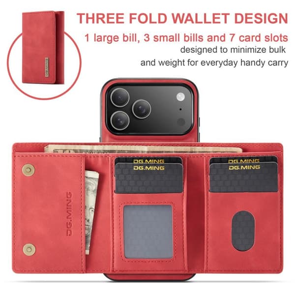 iPhone 18 Pro / iPhone 17 Pro Skal läderfodral DG.MING M1 Series 3-Faldig Multi Card Wallet Röd