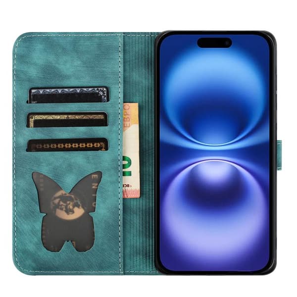 iPhone 18 Pro / iPhone 17 Pro Skal läderfodral med fjäril och kattprägling Wathet