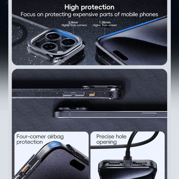 iPhone 16 Pro Max Glittrande Pulver Linshållare MagSafe Magnetisk Skal Transparent titanblå