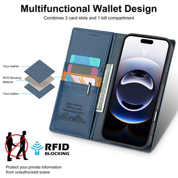 iPhone 17 Pro Skal läderfodral N.BEKUS P3 RFID med magnetisk flip Blå