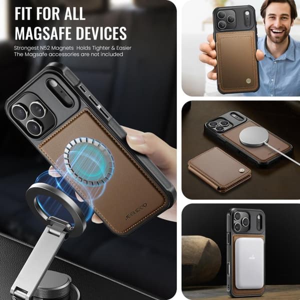 iPhone 18 Pro / iPhone 17 Pro Skal läderfodral JEEHOOD Business Magnetisk Stil RFID Brun