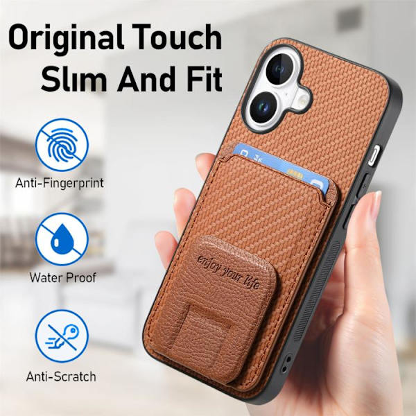 iPhone 17 Skal - Kolfiber med Kortficka och Fällbart Ställ Brun