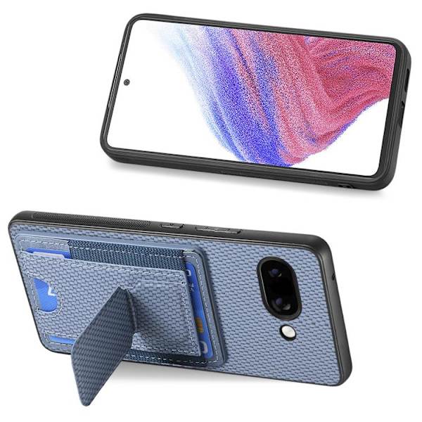 för Pixel 9a Skal med Kolfiber Fällbart Ställ och Elastisk Kortficka Blå