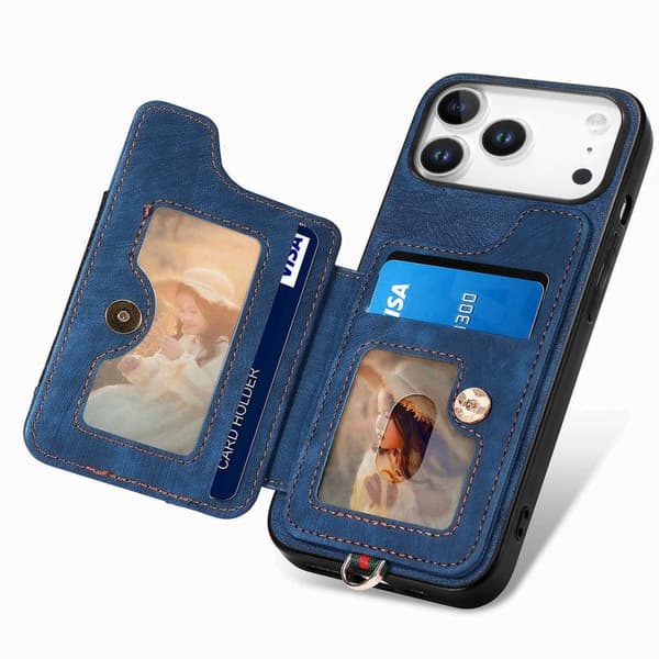 iPhone 18 Pro / iPhone 17 Pro Retro Skinnkänsla Ring Multi-kort Plånboks Skal Blå