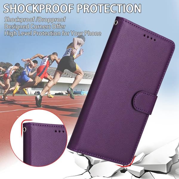iPhone 18 Pro Max / iPhone 17 Pro Max Skal läderfodral med Litchi-textur och RFID-blockering för 3 kort Purpur