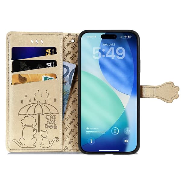 iPhone 18 Pro Max / iPhone 17 Pro Max Skal läderfodral med präglade katter och hundar Guld