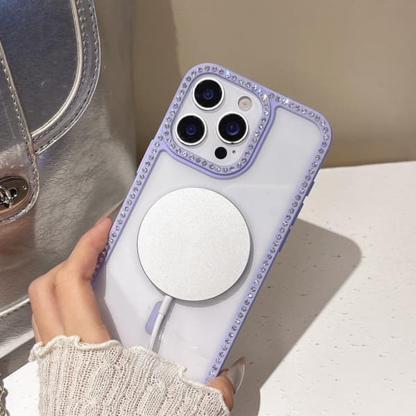 iPhone 16 Pro Rhinestone Ram med Stort Lins Hål och MagSafe - Elegant Skal Blå