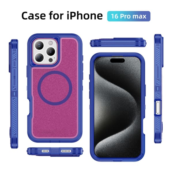 iPhone 16 Pro Max Skal med MagSafe Magnetisk Ring - Matt Finish Blå & Rosröd