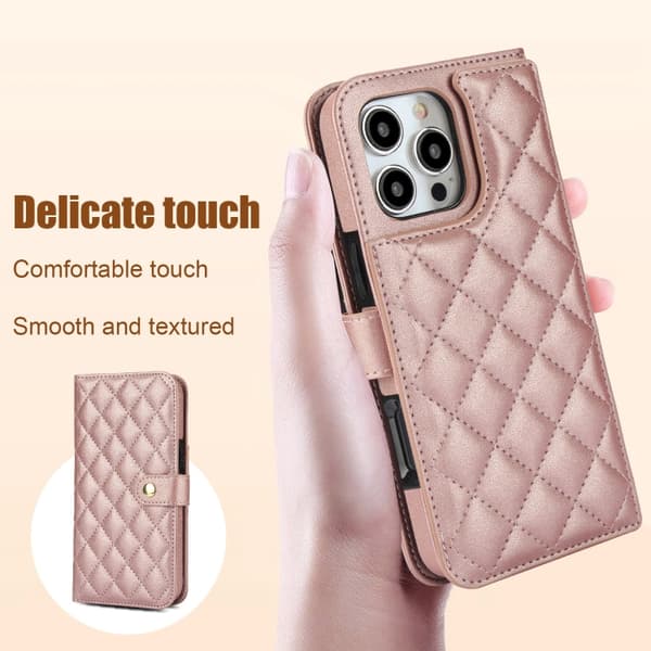 iPhone 16 Pro Max Skal Rhombisk Multifunktionellt Läderfodral Roséguld