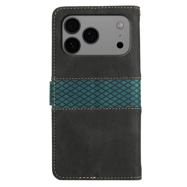 iPhone 18 Pro / iPhone 17 Pro Skal läderfodral med lanyard - Grid Stitching Svart