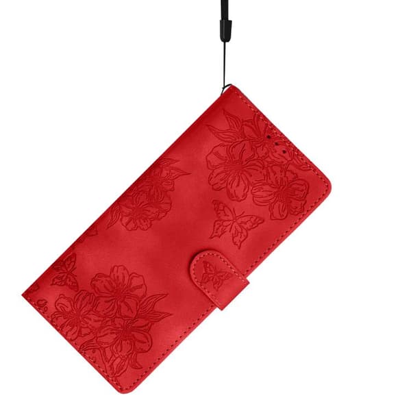 iPhone 18 Pro Max / iPhone 17 Pro Max Skal med Embossed PU och Körsbärsblomma Fjärilsmönster Röd